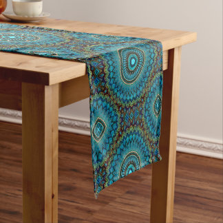 Turquoise Teal Green Mandala Round Star Pattern Short Table Runner