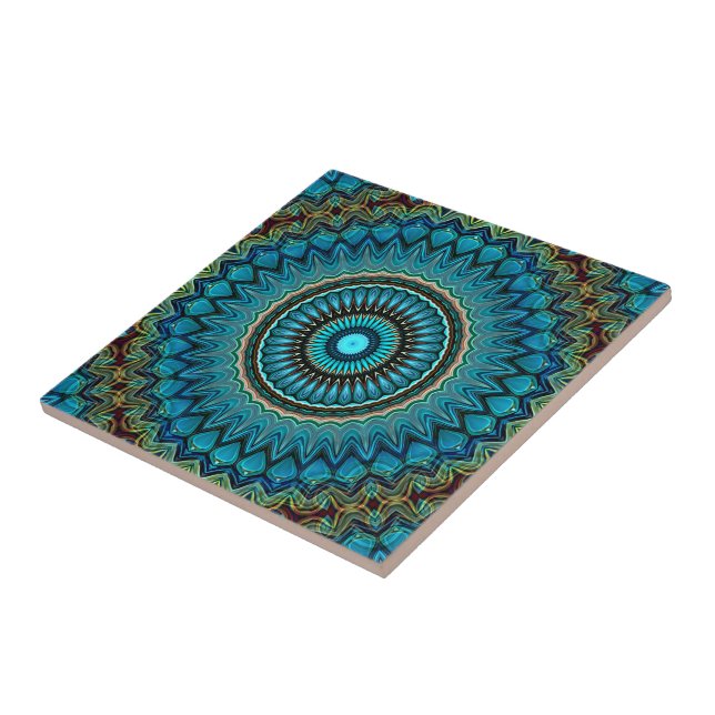 Turquoise Teal Green Mandala Round Star Pattern Tile (Side)