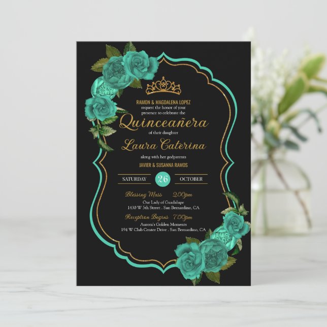 Turquoise Teal Green Rose Gold Elegant Quinceañera Invitation (Standing Front)
