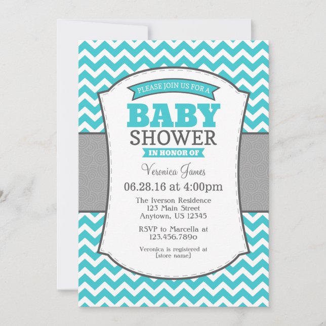 Turquoise Teal Grey Chevron Baby Shower Invitation (Front)