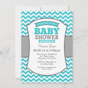 Turquoise Teal Grey Chevron Baby Shower Invitation