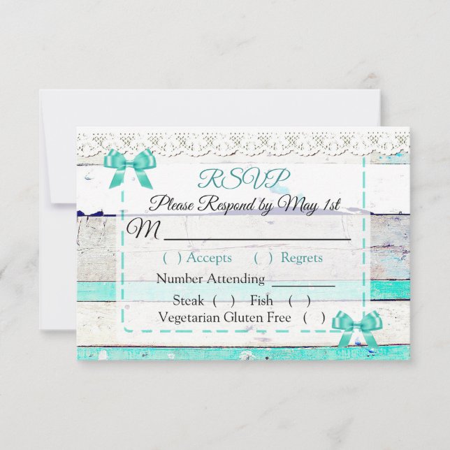 Turquoise Teal Grey Rustic Wood Wedding RSVP card (Front)