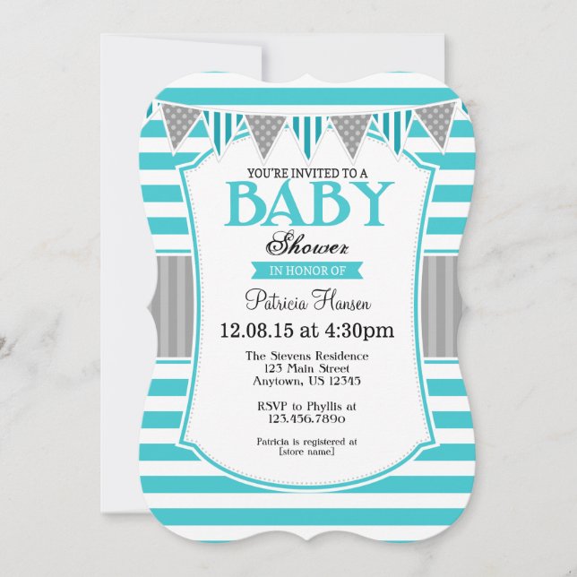 Turquoise Teal Grey Stripes Baby Shower Invitation (Front)
