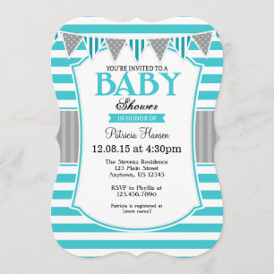 Turquoise Teal Grey Stripes Baby Shower Invitation