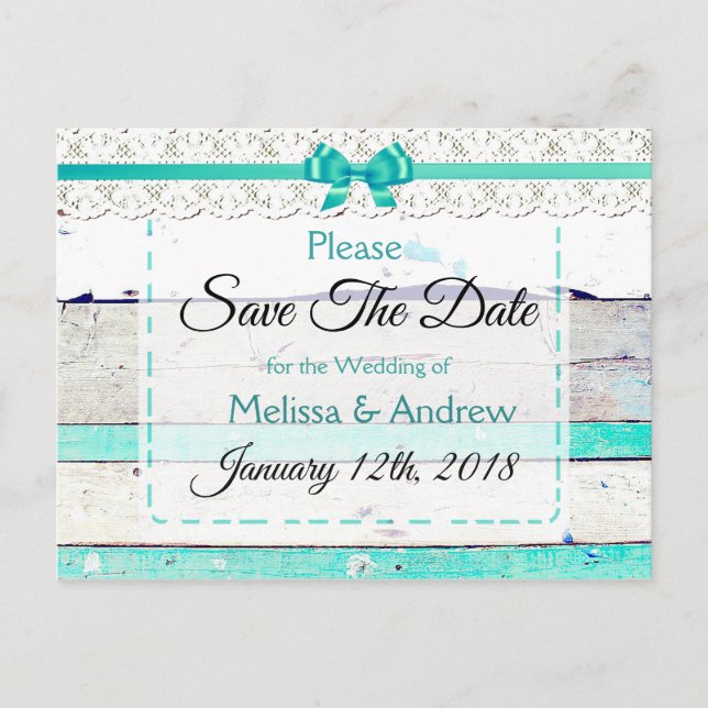 Turquoise Teal Grey Wood Save the Date Postcard (Front)