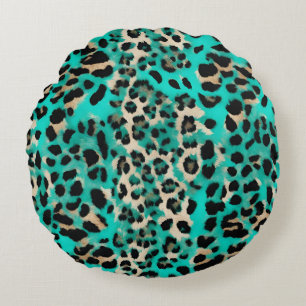 Turquoise Teal Leopard Print Round Cushion