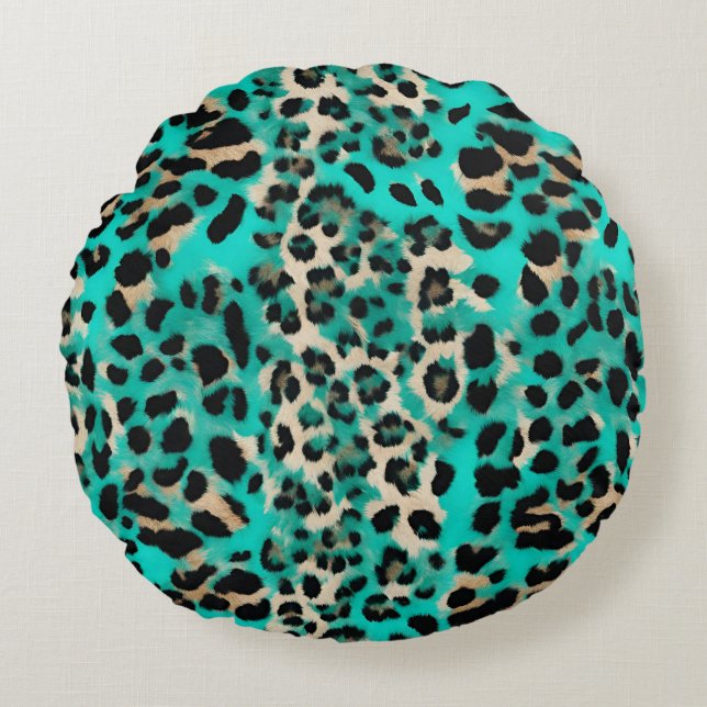 Turquoise Teal Leopard Print Round Cushion (Front)