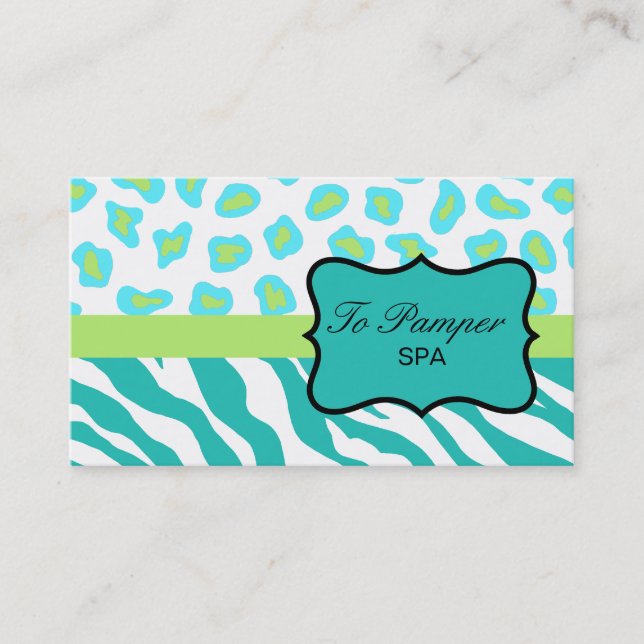 Turquoise, Teal & Lime Zebra & Cheetah Skin Custom Business Card (Front)