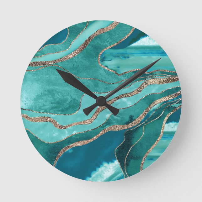 Turquoise Teal Marble Agate Gold Glitter Glam #1  Round Clock (Front)
