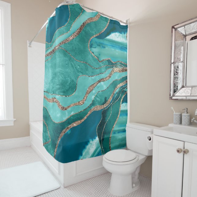 Turquoise Teal Marble Agate Gold Glitter Glam #1  Shower Curtain (In Situ)