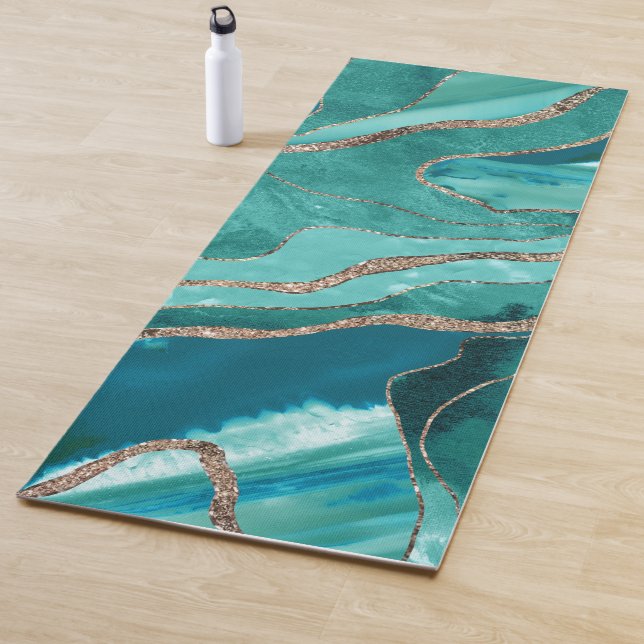 Turquoise Teal Marble Agate Gold Glitter Glam #1  Yoga Mat (In Situ)