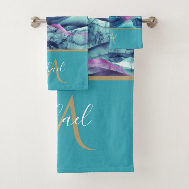 Turquoise Teal  Marble Agate & Monogram Bath Towel Set (Insitu)