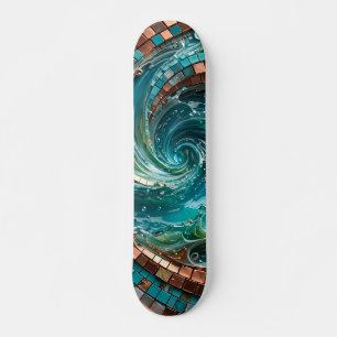 Turquoise Teal Mosaic Wave Skateboard
