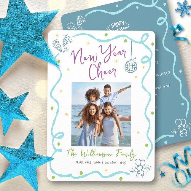 Turquoise Teal New Year Cheer Photo Hand Drawn Fun Holiday Card (Creator Uploaded)