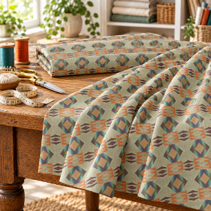 Turquoise Teal Orange Native Tribal Mosaic Pattern Fabric