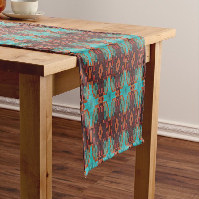 Turquoise Teal Orange Red Eclectic Ethnic Look Short Table Runner (In Situ)