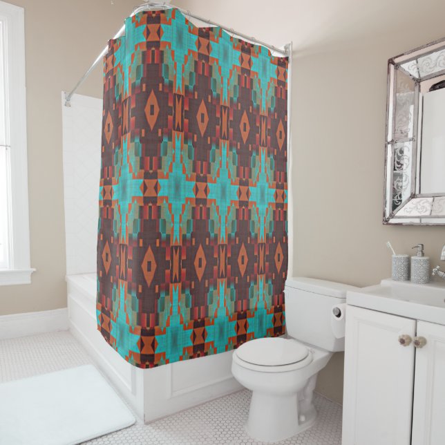 Turquoise Teal Orange Red Eclectic Ethnic Look Shower Curtain (In Situ)
