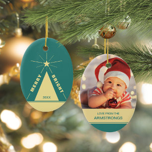 Turquoise Teal Oval Christmas Tree Family Photo Ceramic Tree Decoration