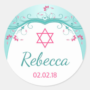 Turquoise Teal Pink Floral Bat Mitzvah Classic Round Sticker