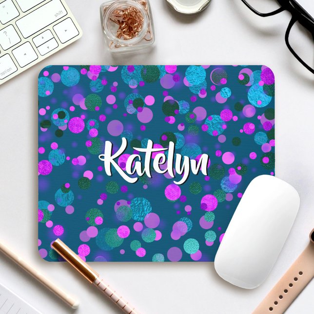 Turquoise teal purple confetti dots custom name mouse mat (Creator Uploaded)