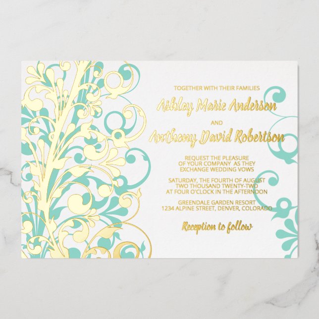 Turquoise Teal Real Gold Foil Floral Wedding (Front)
