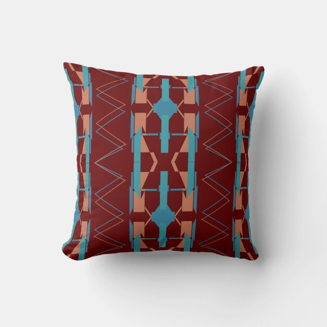Turquoise Teal Rust Burgundy Southwest Look Mosaic Cushion (Front)