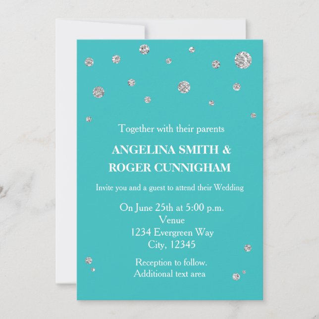 Turquoise Teal Silver Glitter Modern Wedding Invitation (Front)