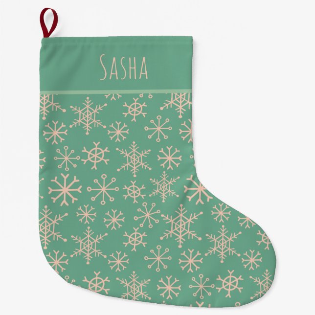 Turquoise Teal Snowflakes Personalised Christmas Large Christmas Stocking (Front)