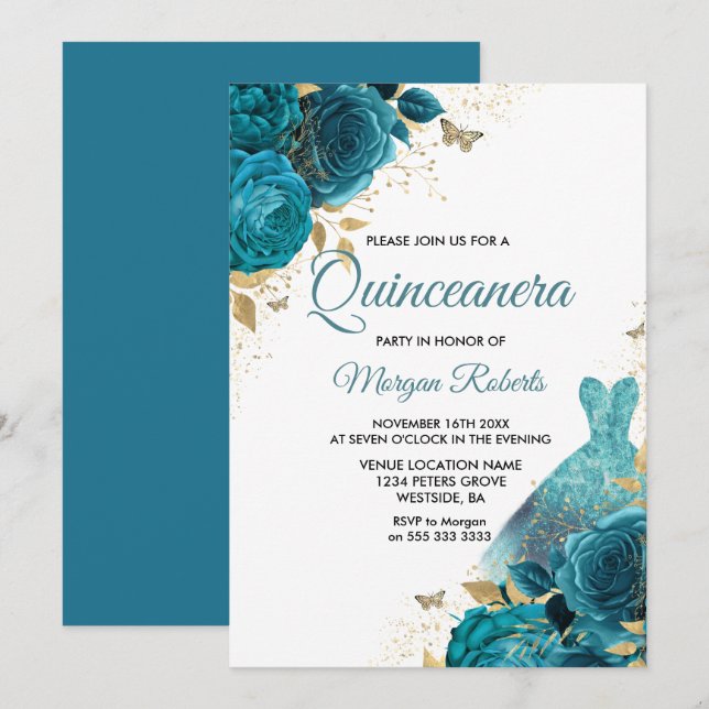 Turquoise Teal Sparkle Dress Quinceanera Party Invitation (Front/Back)