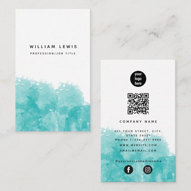Turquoise Teal Watercolor QR Code Social Media Business Card (Front/Back)