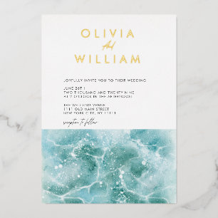 Turquoise Teal Waves Beach Wedding Foil Invitation