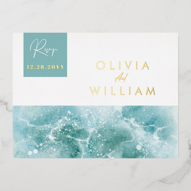 Turquoise Teal Waves Beach Wedding RSVP Postcard (Front)