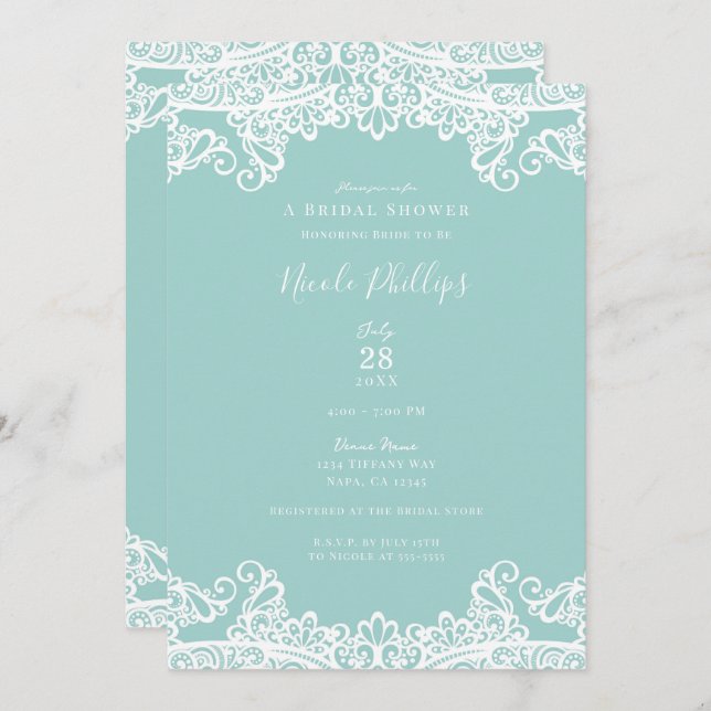 Turquoise Teal White Lace Elegant Bridal Shower Invitation (Front/Back)