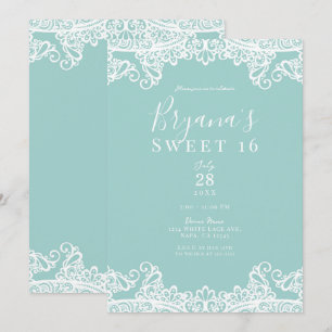 Turquoise Teal White Lace Elegant Sweet 16 Party   Invitation
