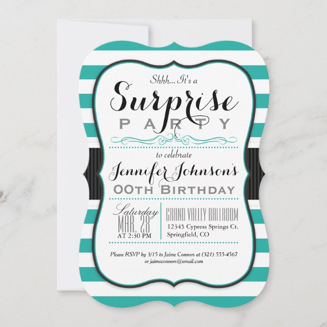 Turquoise, Teal & White Stripes Surprise Party Invitation (Front)