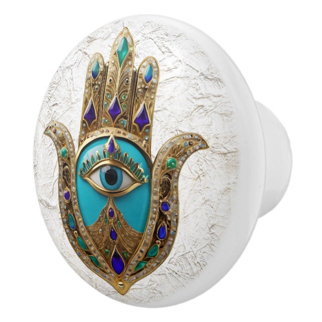 Turquoise Third Eye Hamsa Ceramic Knob (Right)