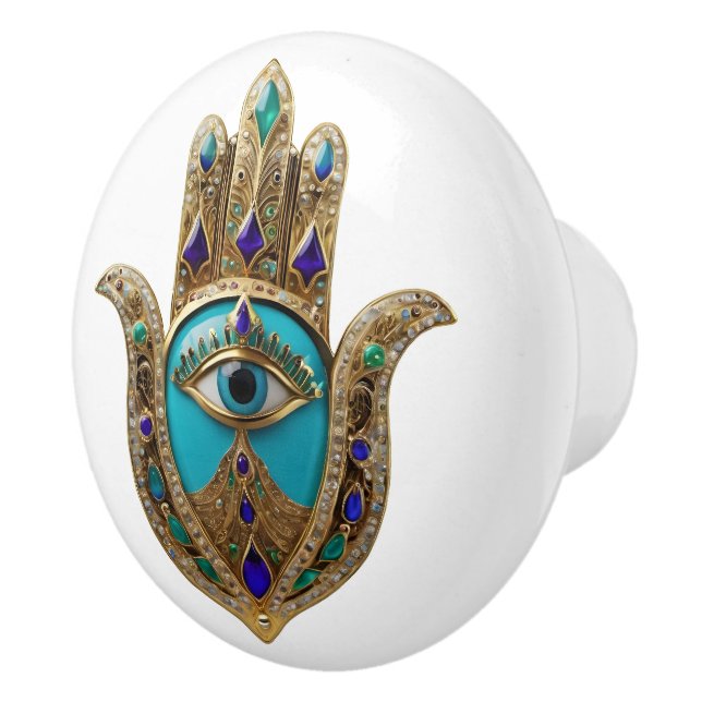 Turquoise Third Eye Hamsa Ceramic Knob (Right)