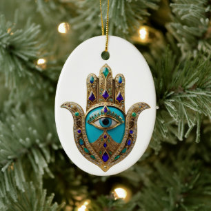 Turquoise Third Eye Hamsa Ceramic Tree Decoration