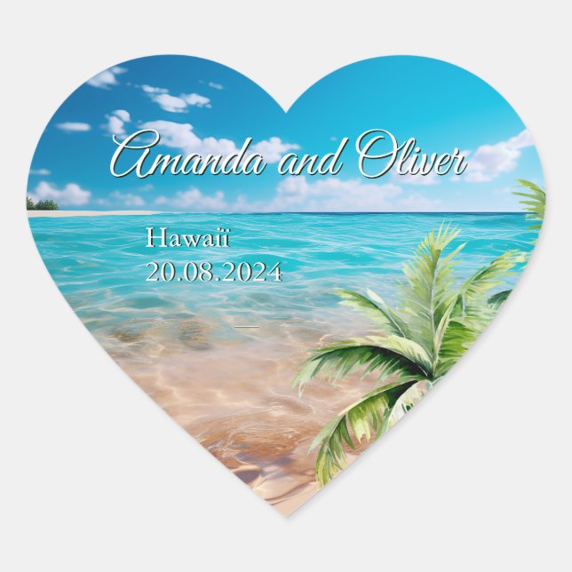 Turquoise Tides Tropical Palm Tree Beach Wedding  Heart Sticker (Front)