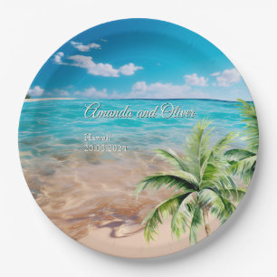 Turquoise Tides Tropical Palm Tree Beach Wedding Paper Plate