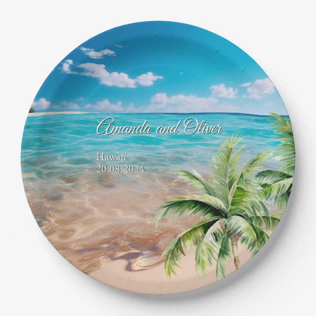 Turquoise Tides Tropical Palm Tree Beach Wedding  Paper Plate (Front)