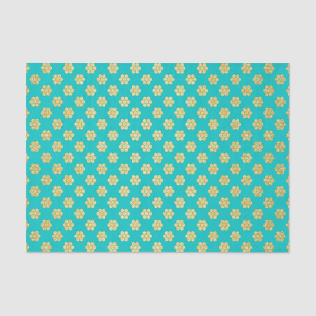 Turquoise Tiffany and Gold Daisy Flower Sparkle Tissue Paper (Front)