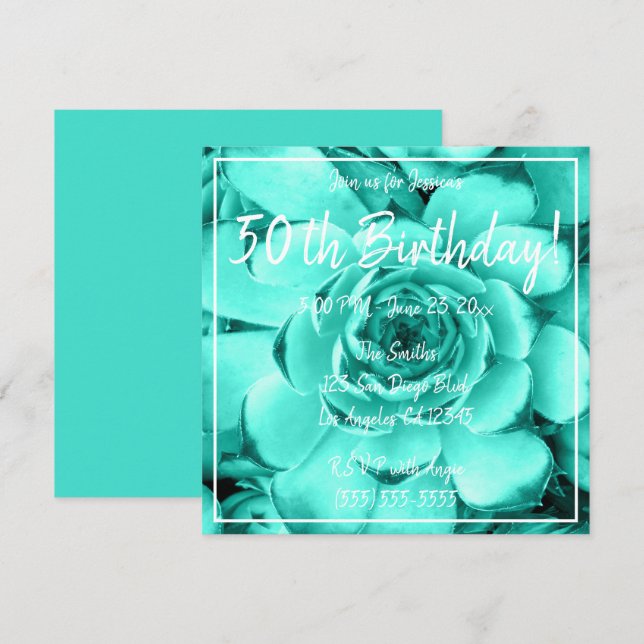 Turquoise Tinted Succulent Photo 50th Birthday Invitation (Front/Back)