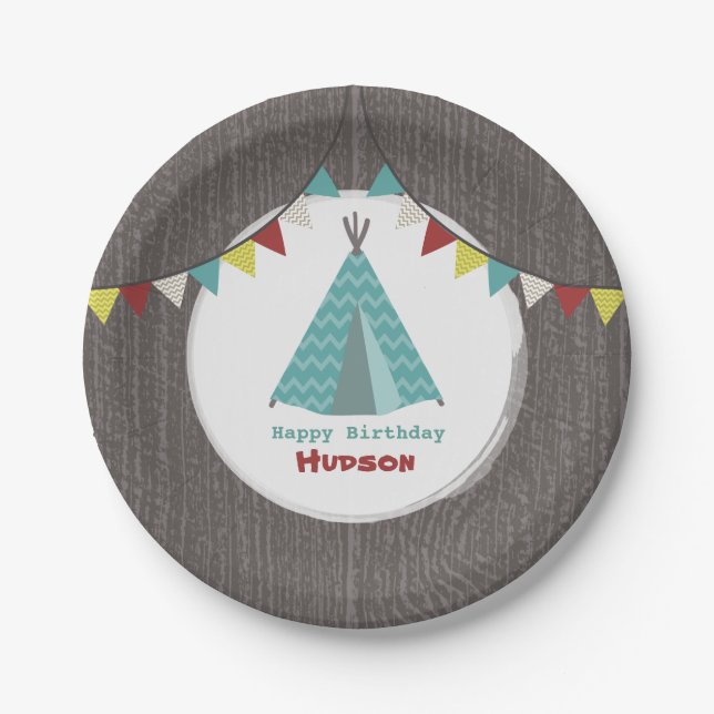 Turquoise Tipi Birthday Paper Plate (Front)