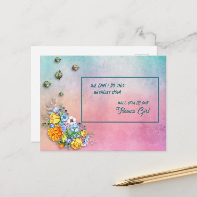 Turquoise to Pink Gradient Floral Bouquet Flower Announcement Postcard (Front/Back In Situ)