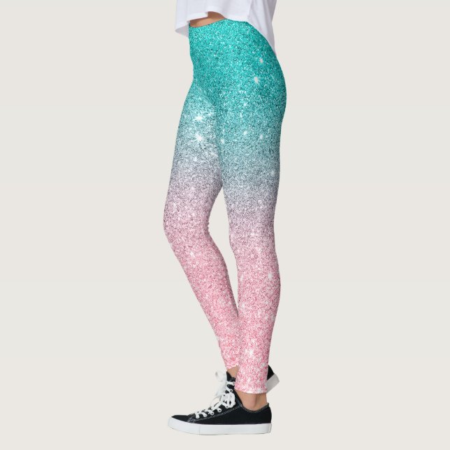 Turquoise to pink ombre glitter texture leggings (Left)