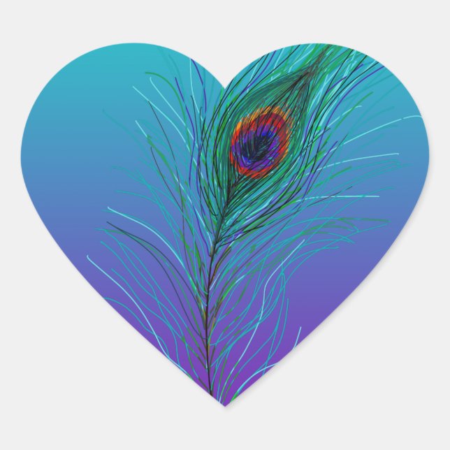 Turquoise to Purple Peacock Feather Heart Sticker (Front)