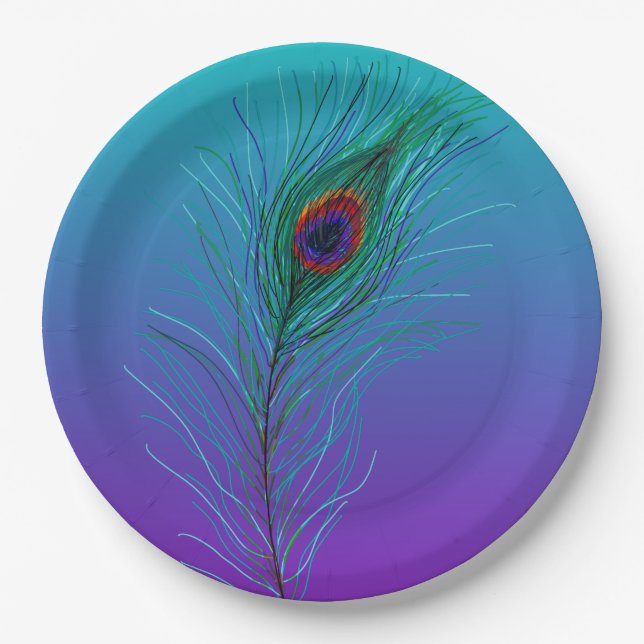 Turquoise to Purple Peacock Feather Paper Plate (Front)