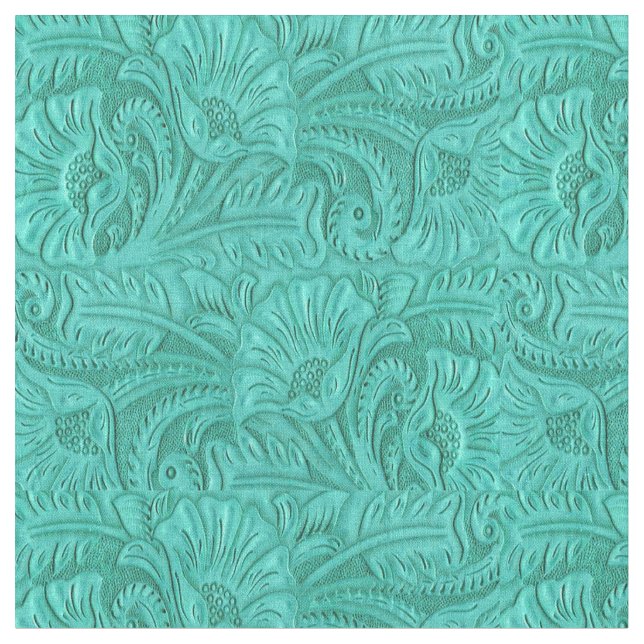 Turquoise Tooled Leather Print Western Fabric (Close Up)