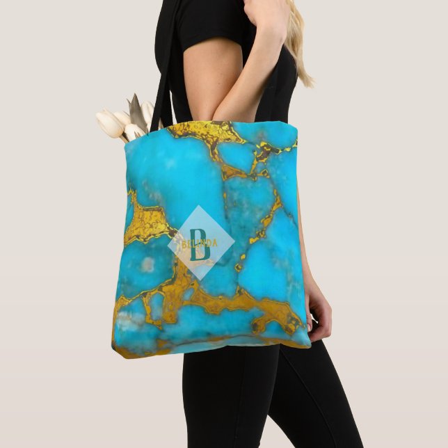 Turquoise TOTE Marble GOLD Glitter - Personalised Bag (Close Up)